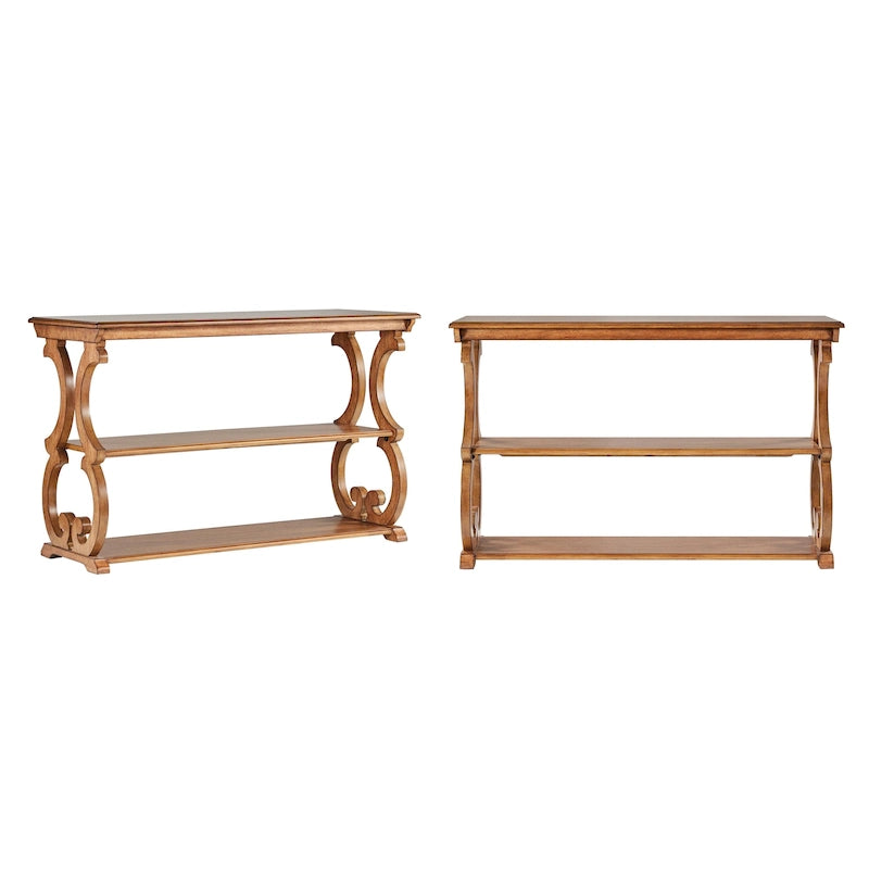 Table console en bois massif à volutes avec 2 étagères – Rouge Baie / Vert Sauge / Chêne / Noir Antique – 48"L