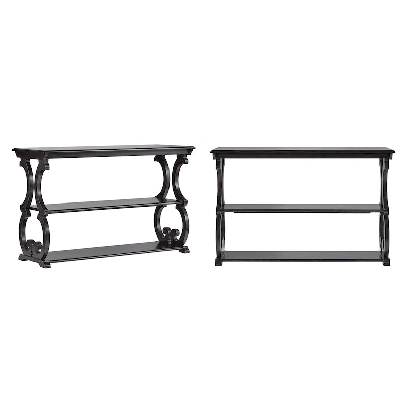 Table console en bois massif à volutes avec 2 étagères – Rouge Baie / Vert Sauge / Chêne / Noir Antique – 48"L