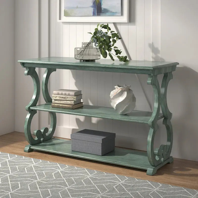 Table console en bois massif à volutes avec 2 étagères – Rouge Baie / Vert Sauge / Chêne / Noir Antique – 48"L