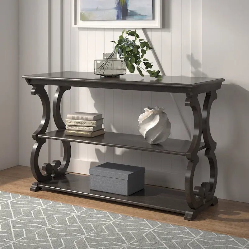 Table console en bois massif à volutes avec 2 étagères – Rouge Baie / Vert Sauge / Chêne / Noir Antique – 48"L