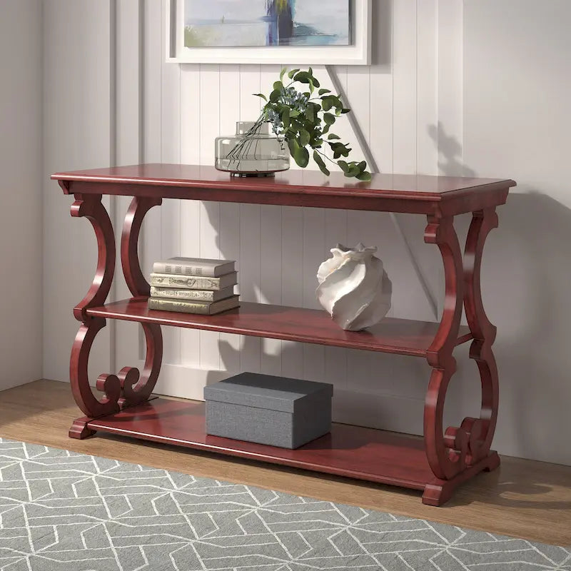 Table console en bois massif à volutes avec 2 étagères – Rouge Baie / Vert Sauge / Chêne / Noir Antique – 48"L