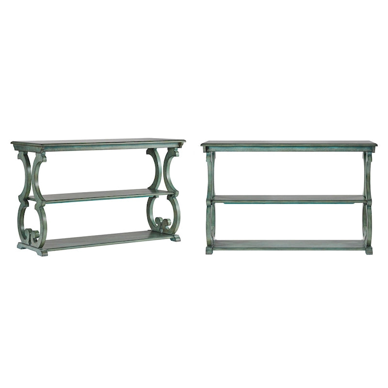 Table console en bois massif à volutes avec 2 étagères – Rouge Baie / Vert Sauge / Chêne / Noir Antique – 48"L