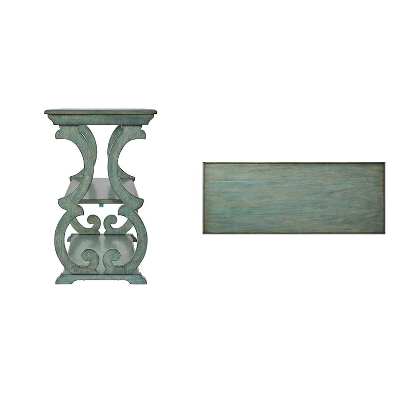 Table console en bois massif à volutes avec 2 étagères – Rouge Baie / Vert Sauge / Chêne / Noir Antique – 48"L