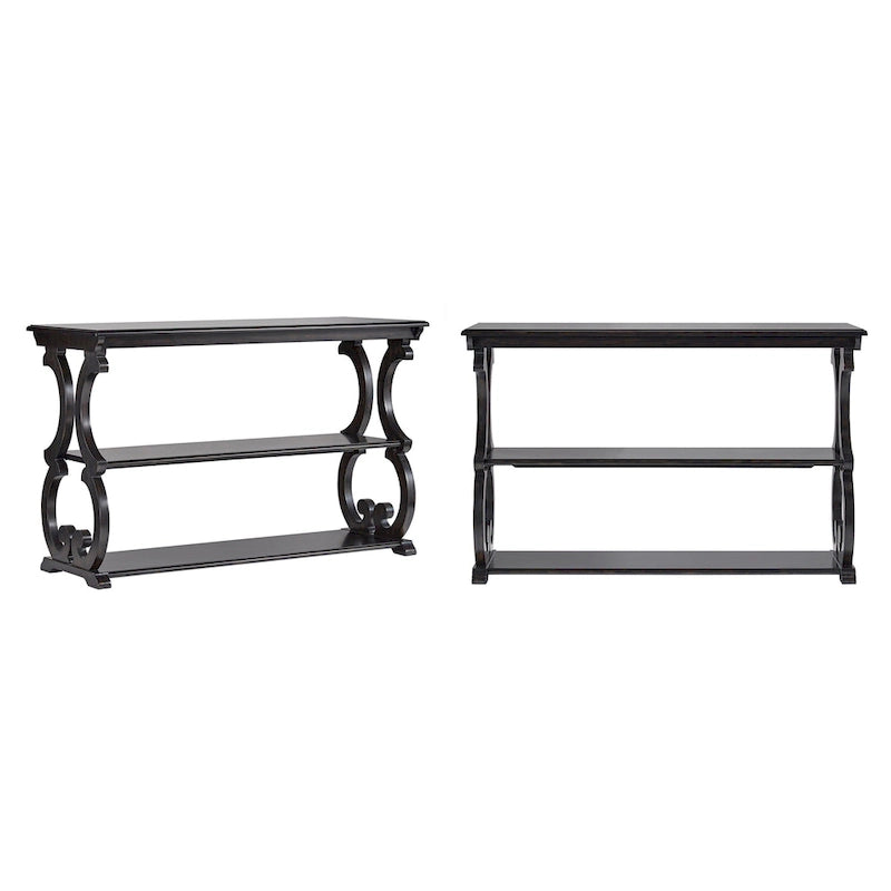 Table console en bois massif à volutes avec 2 étagères – Rouge Baie / Vert Sauge / Chêne / Noir Antique – 48"L