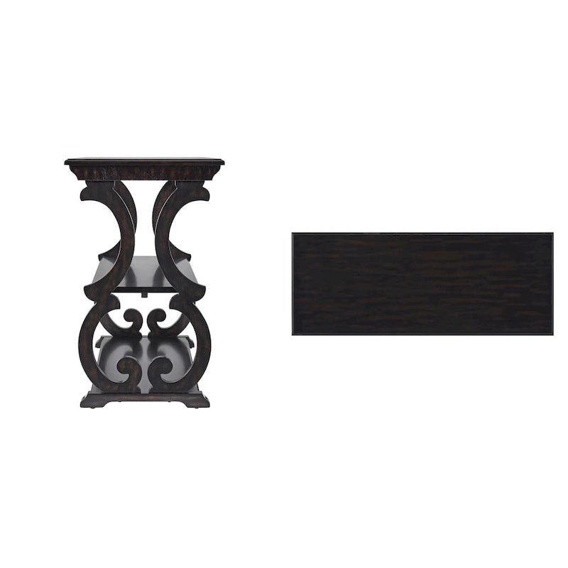 Table console en bois massif à volutes avec 2 étagères – Rouge Baie / Vert Sauge / Chêne / Noir Antique – 48"L