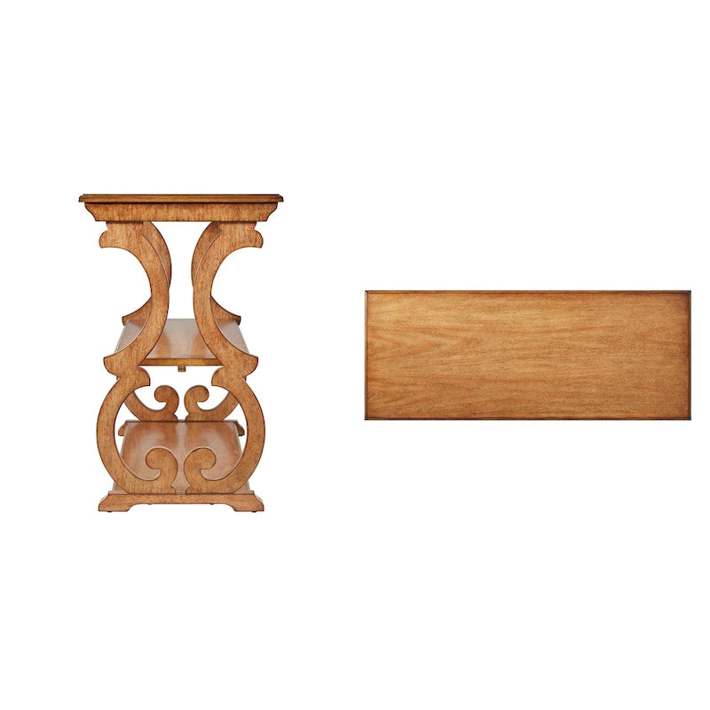 Table console en bois massif à volutes avec 2 étagères – Rouge Baie / Vert Sauge / Chêne / Noir Antique – 48"L