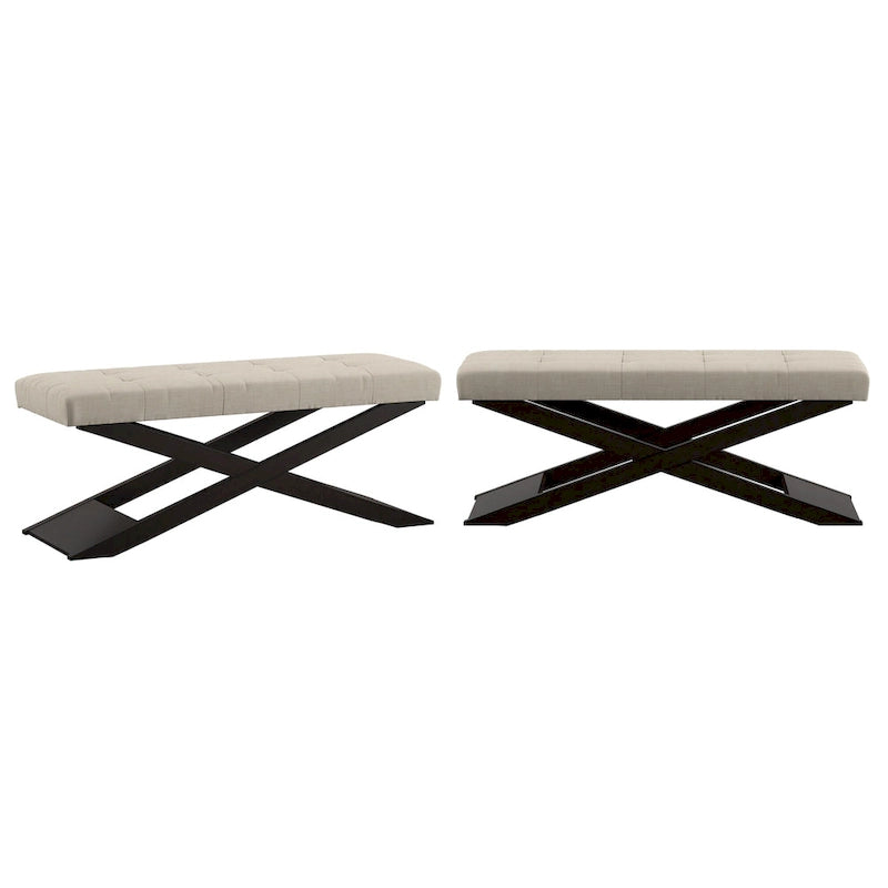 Banc capitonné en lin beige avec cadre en bois piétement en X espresso – Unité