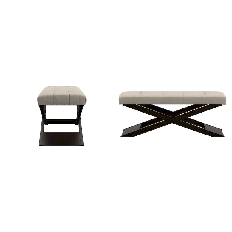 Banc capitonné en lin beige avec cadre en bois piétement en X espresso – Unité