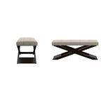 Banc capitonné en lin beige avec cadre en bois piétement en X espresso – Unité