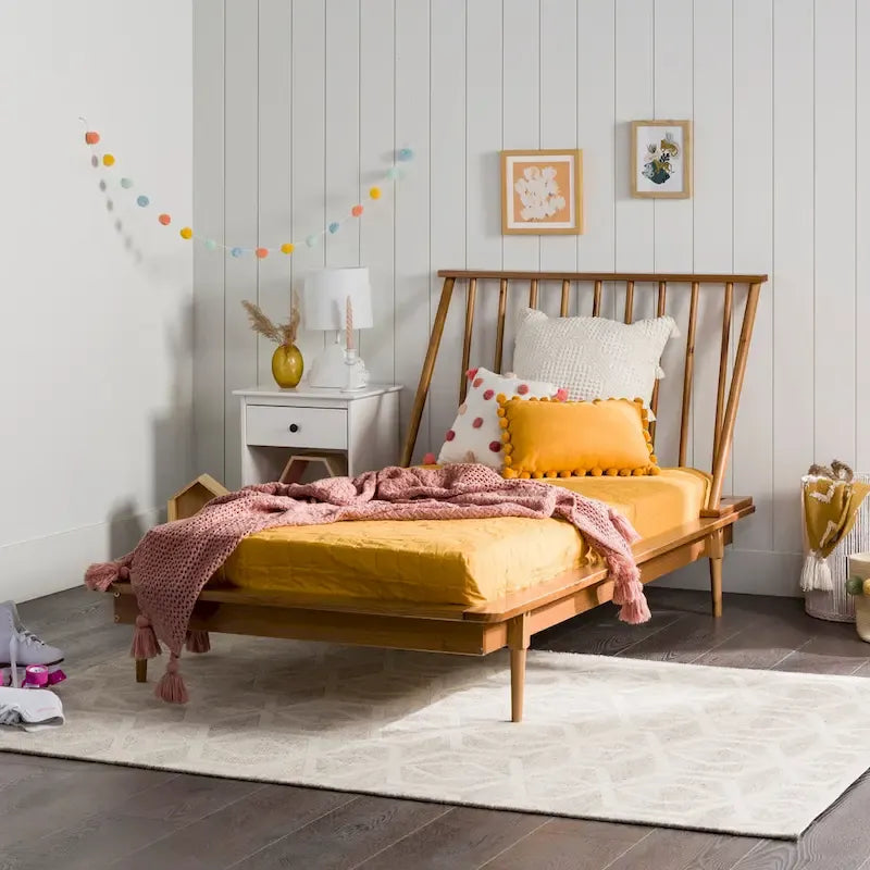 Lit à plateforme avec fuseaux et pieds fuselés en bois de pin massif Noyer / Caramel / Blanc / Chêne clair / Noir – Simple / Queen / King
