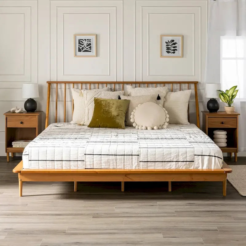 Lit à plateforme avec fuseaux et pieds fuselés en bois de pin massif Noyer / Caramel / Blanc / Chêne clair / Noir – Simple / Queen / King