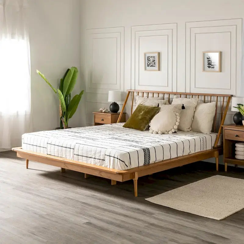 Lit à plateforme avec fuseaux et pieds fuselés en bois de pin massif Noyer / Caramel / Blanc / Chêne clair / Noir – Simple / Queen / King