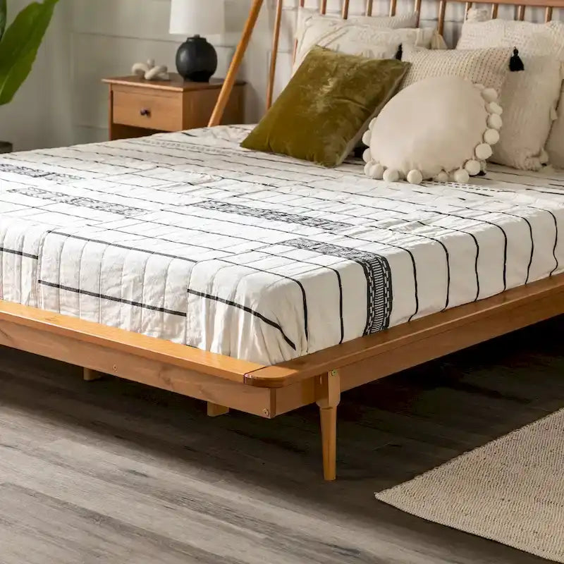 Lit à plateforme avec fuseaux et pieds fuselés en bois de pin massif Noyer / Caramel / Blanc / Chêne clair / Noir – Simple / Queen / King