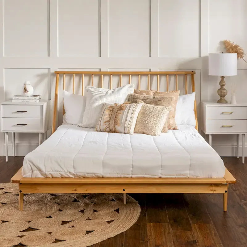 Lit à plateforme avec fuseaux et pieds fuselés en bois de pin massif Noyer / Caramel / Blanc / Chêne clair / Noir – Simple / Queen / King