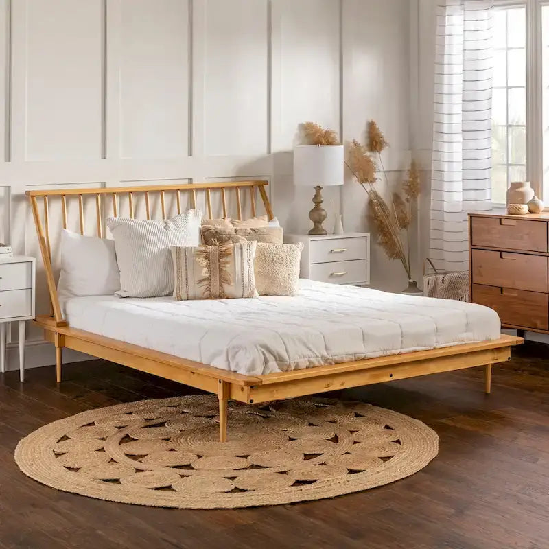 Lit à plateforme avec fuseaux et pieds fuselés en bois de pin massif Noyer / Caramel / Blanc / Chêne clair / Noir – Simple / Queen / King