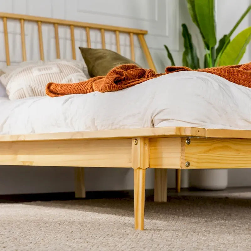 Lit à plateforme avec fuseaux et pieds fuselés en bois de pin massif Noyer / Caramel / Blanc / Chêne clair / Noir – Simple / Queen / King