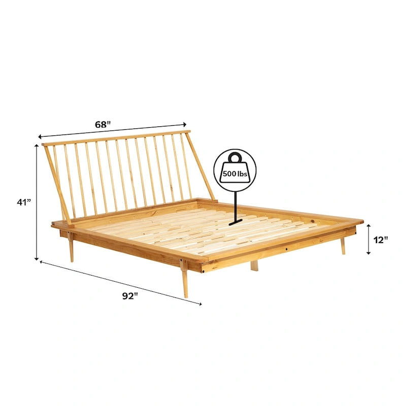 Lit à plateforme avec fuseaux et pieds fuselés en bois de pin massif Noyer / Caramel / Blanc / Chêne clair / Noir – Simple / Queen / King