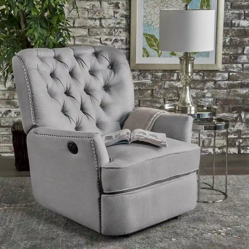 Fauteuil inclinable électrique en polyester gris clair / sarcelle foncé / anthracite foncé / café avec dossier capitonné et garniture cloutée – Simple