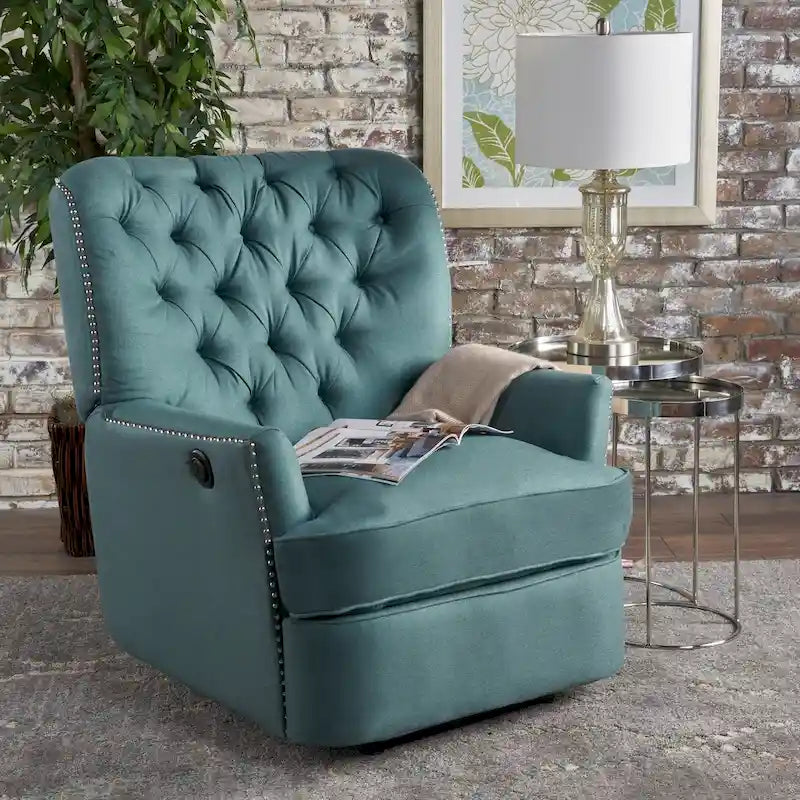 Fauteuil inclinable électrique en polyester gris clair / sarcelle foncé / anthracite foncé / café avec dossier capitonné et garniture cloutée – Simple