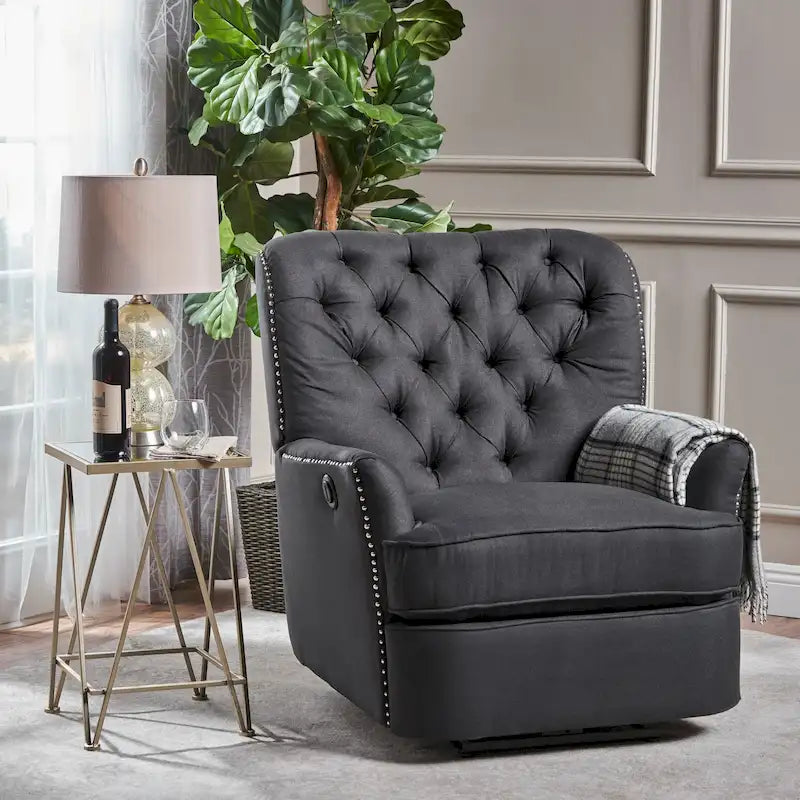 Fauteuil inclinable électrique en polyester gris clair / sarcelle foncé / anthracite foncé / café avec dossier capitonné et garniture cloutée – Simple