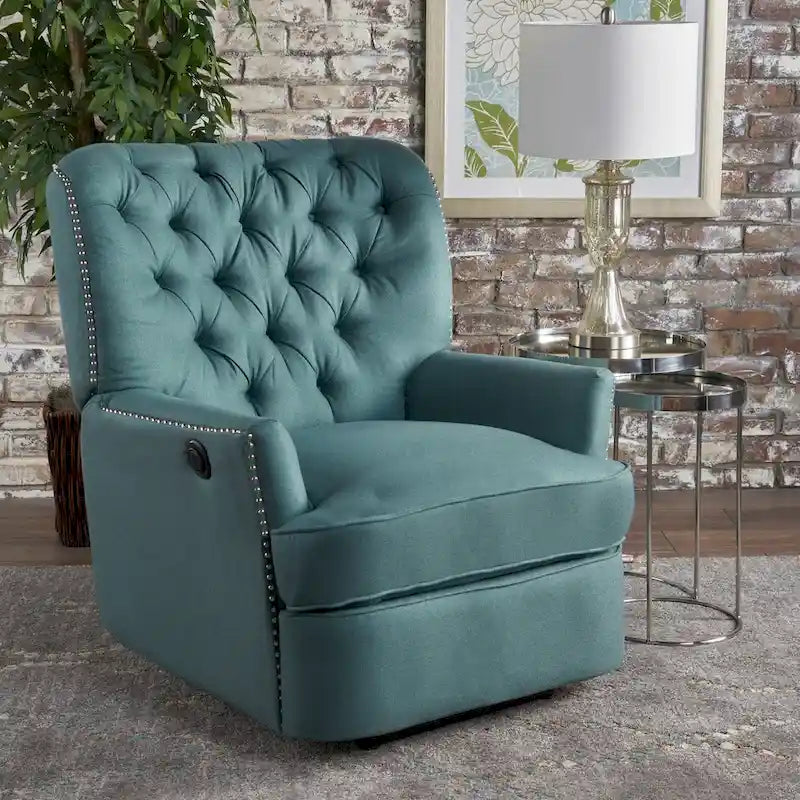 Fauteuil inclinable électrique en polyester gris clair / sarcelle foncé / anthracite foncé / café avec dossier capitonné et garniture cloutée – Simple