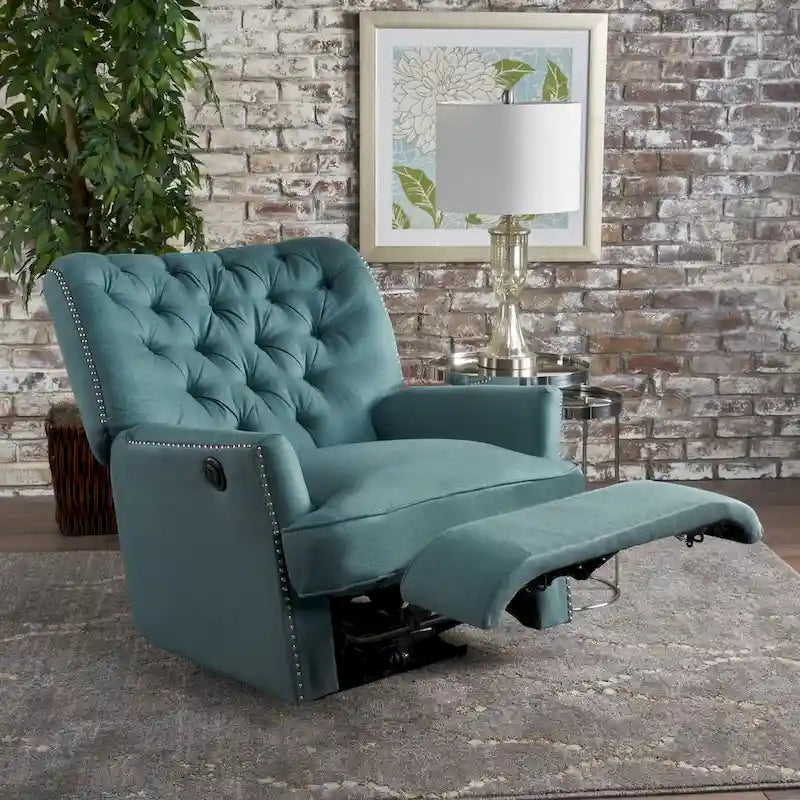 Fauteuil inclinable électrique en polyester gris clair / sarcelle foncé / anthracite foncé / café avec dossier capitonné et garniture cloutée – Simple