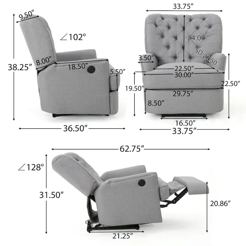 Fauteuil inclinable électrique en polyester gris clair / sarcelle foncé / anthracite foncé / café avec dossier capitonné et garniture cloutée – Simple