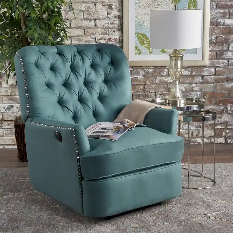 Fauteuil inclinable électrique en polyester gris clair / sarcelle foncé / anthracite foncé / café avec dossier capitonné et garniture cloutée – Simple