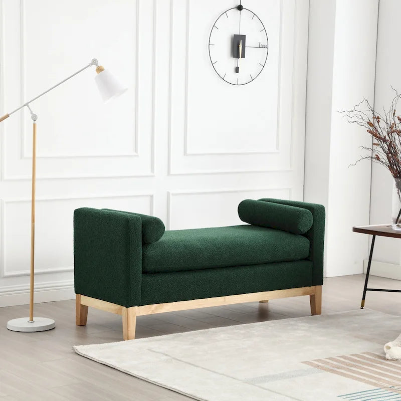 Banc 2 places rembourré en bouclette noir / gris clair / caramel / ivoire / vert avec cadre en bois cannelé et coussins latéraux