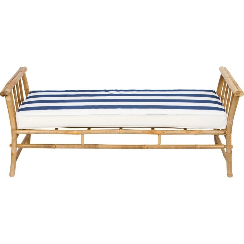 Banc-ottoman en bambou marron/naturel avec coussin rayé bleu et blanc – Moyen, 2 places