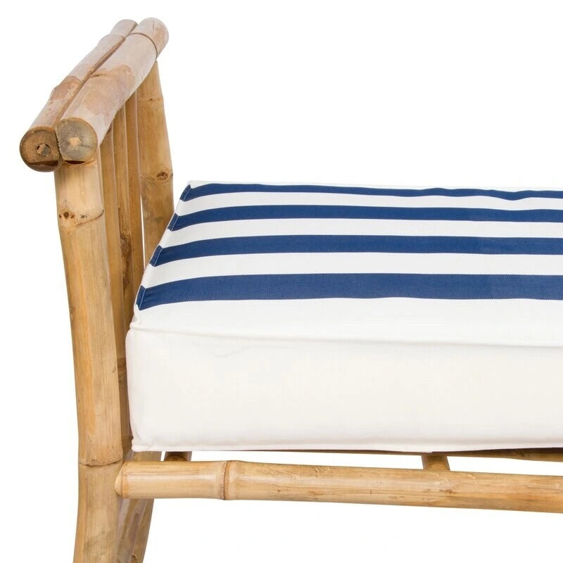 Banc-ottoman en bambou marron/naturel avec coussin rayé bleu et blanc – Moyen, 2 places