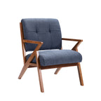 Fauteuil d'appoint capitonné en tissu bleu/gris avec pieds et accoudoirs en bois – Unité