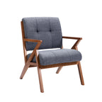 Fauteuil d'appoint capitonné en tissu bleu/gris avec pieds et accoudoirs en bois – Unité