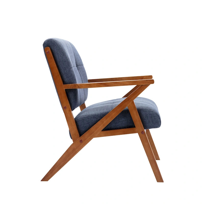 Fauteuil d'appoint capitonné en tissu bleu/gris avec pieds et accoudoirs en bois – Unité