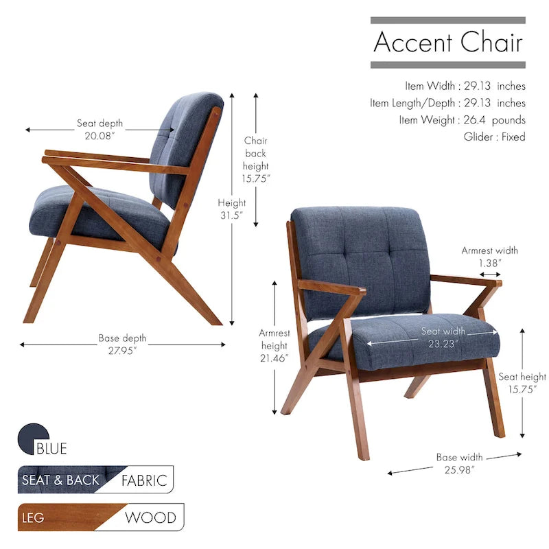 Fauteuil d'appoint capitonné en tissu bleu/gris avec pieds et accoudoirs en bois – Unité