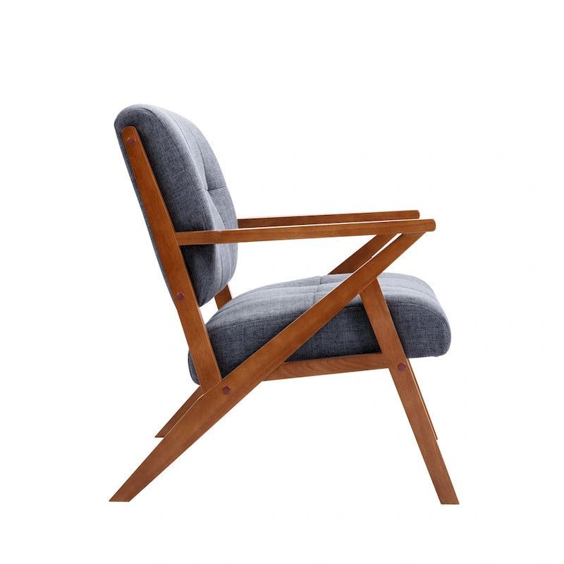Fauteuil d'appoint capitonné en tissu bleu/gris avec pieds et accoudoirs en bois – Unité