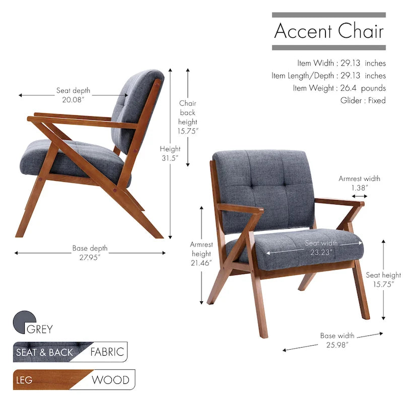 Fauteuil d'appoint capitonné en tissu bleu/gris avec pieds et accoudoirs en bois – Unité