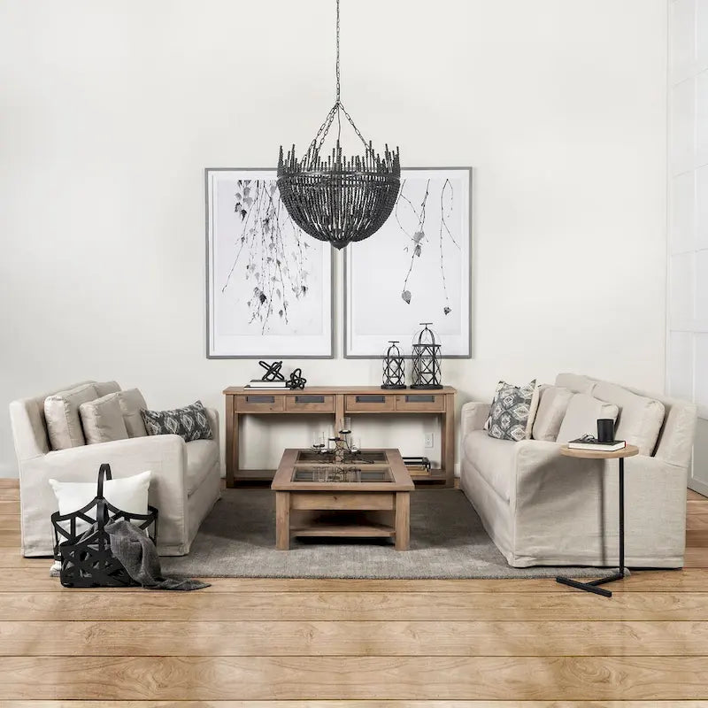 Causeuse déhoussable bicolore beige / gris givré / gris silex avec pieds en bois – 2 places