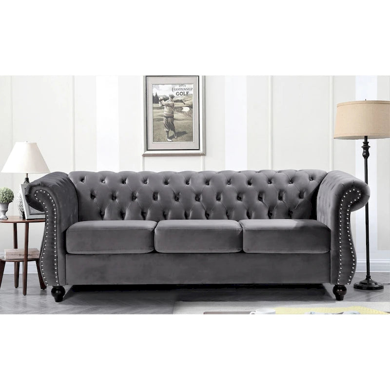 Canapé Chesterfield 3 places en velours froissé gris / ivoire / noir / bleu foncé / vert / rose avec garniture cloutée – 210 cm
