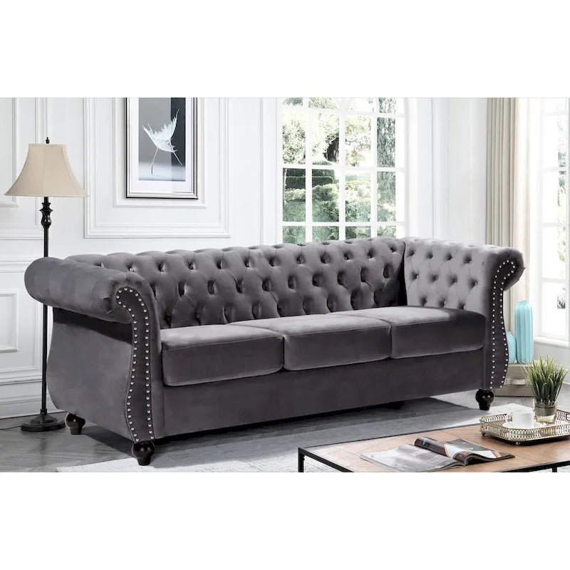 Canapé Chesterfield 3 places en velours froissé gris / ivoire / noir / bleu foncé / vert / rose avec garniture cloutée – 210 cm