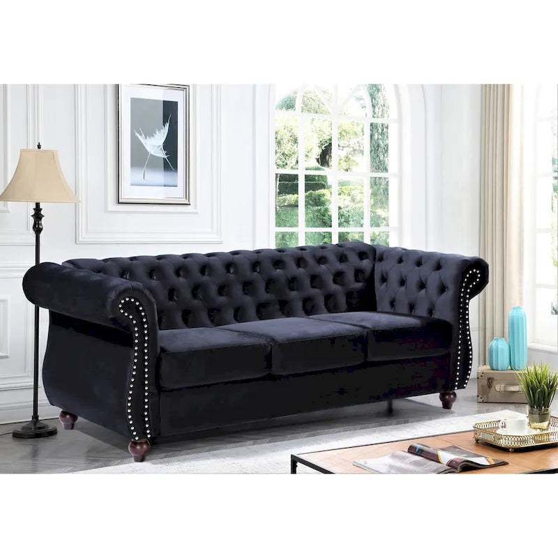 Canapé Chesterfield 3 places en velours froissé gris / ivoire / noir / bleu foncé / vert / rose avec garniture cloutée – 210 cm