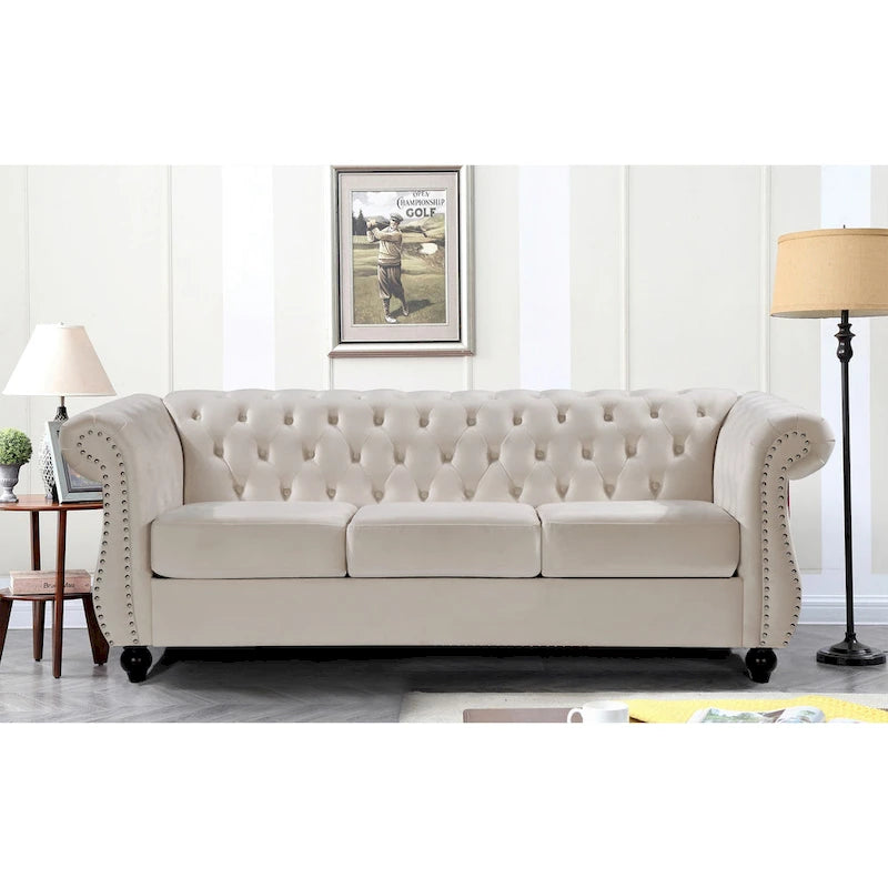 Canapé Chesterfield 3 places en velours froissé gris / ivoire / noir / bleu foncé / vert / rose avec garniture cloutée – 210 cm