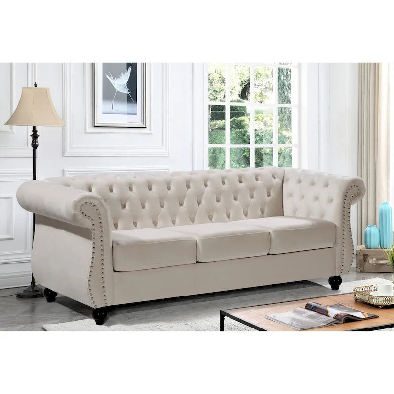 Canapé Chesterfield 3 places en velours froissé gris / ivoire / noir / bleu foncé / vert / rose avec garniture cloutée – 210 cm