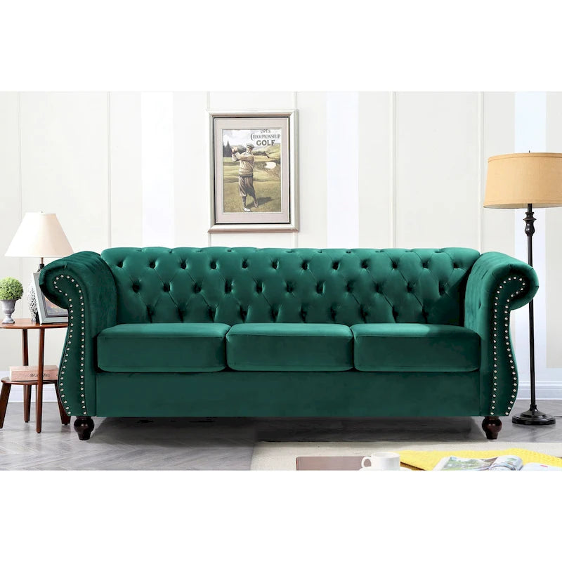 Canapé Chesterfield 3 places en velours froissé gris / ivoire / noir / bleu foncé / vert / rose avec garniture cloutée – 210 cm