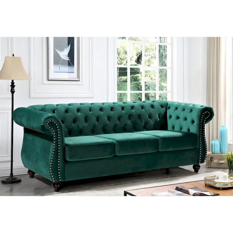 Canapé Chesterfield 3 places en velours froissé gris / ivoire / noir / bleu foncé / vert / rose avec garniture cloutée – 210 cm