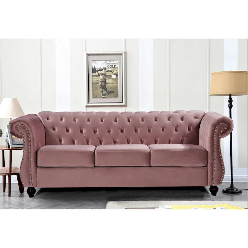 Canapé Chesterfield 3 places en velours froissé gris / ivoire / noir / bleu foncé / vert / rose avec garniture cloutée – 210 cm