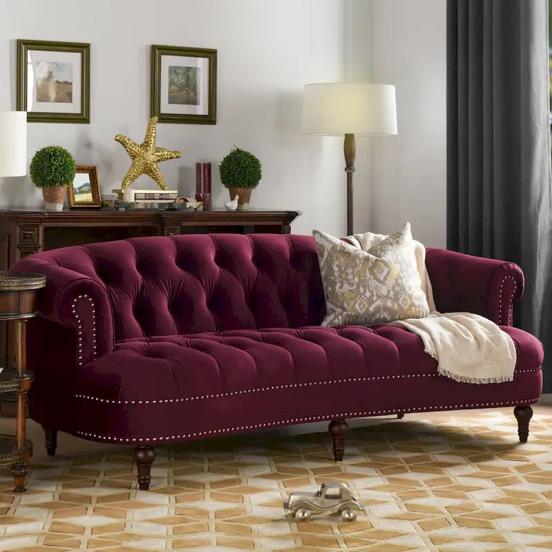 Canapé chesterfield capitonné en velours bordeaux / gris / lavande / bleu / rose / sarcelle / bleu marine / olive – 3 places