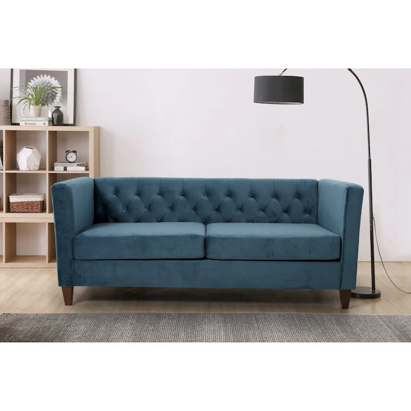 Canapé à accoudoirs carrés en velours écrasé ivoire/bleu de Prusse/noir/jaune/bleu foncé/gris/rose avec dossier capitonné – 73,3", 3 places