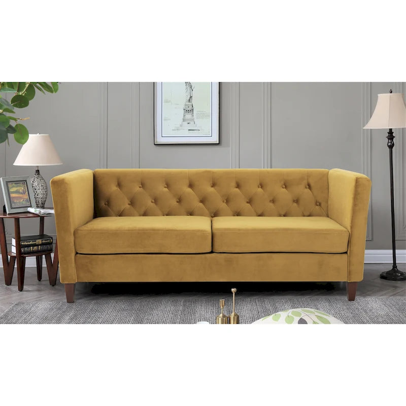 Canapé à accoudoirs carrés en velours écrasé ivoire/bleu de Prusse/noir/jaune/bleu foncé/gris/rose avec dossier capitonné – 73,3", 3 places