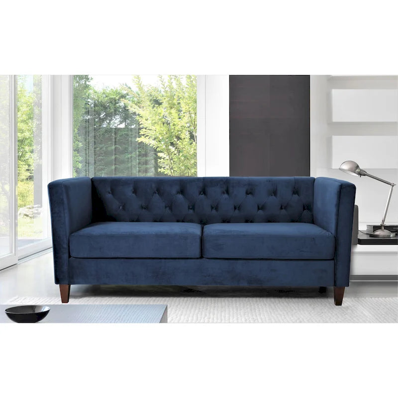 Canapé à accoudoirs carrés en velours écrasé ivoire/bleu de Prusse/noir/jaune/bleu foncé/gris/rose avec dossier capitonné – 73,3", 3 places